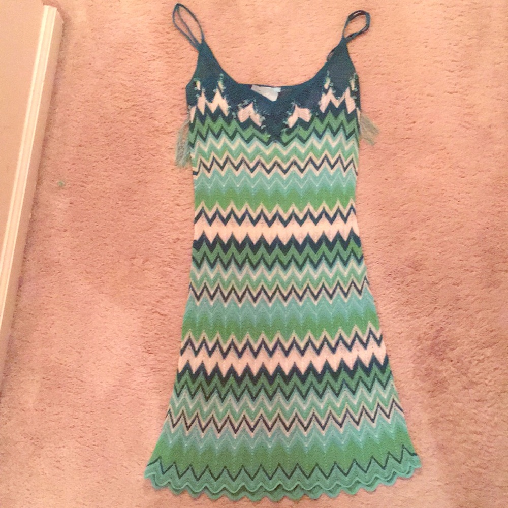 Y2K Green Chevron Crochet Tassel Dress Boho Small